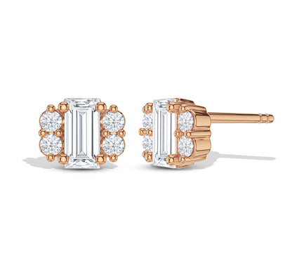 Rose gold round and baguette diamond earrings