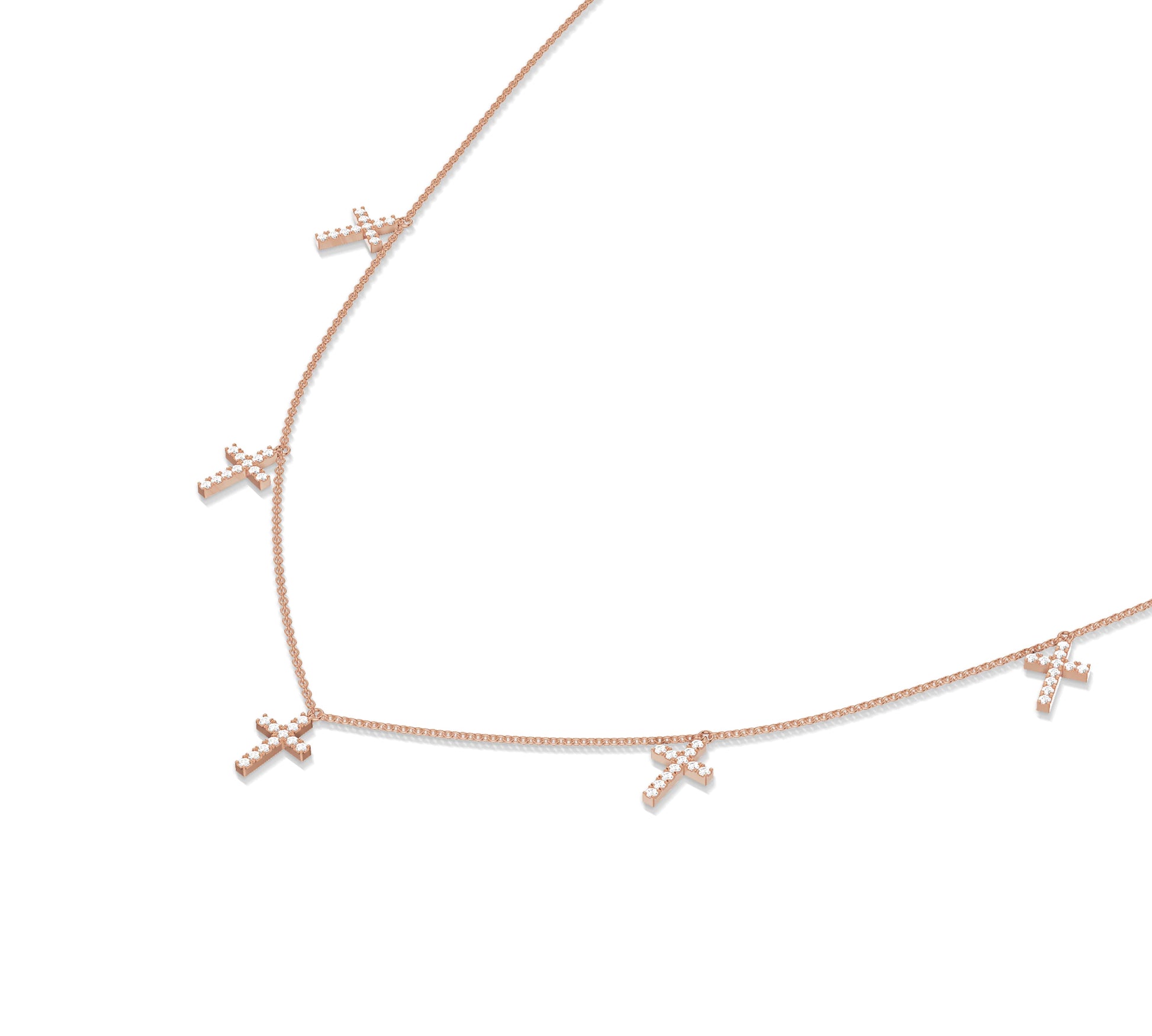 14K rose gold charm necklace with sparkling crosses