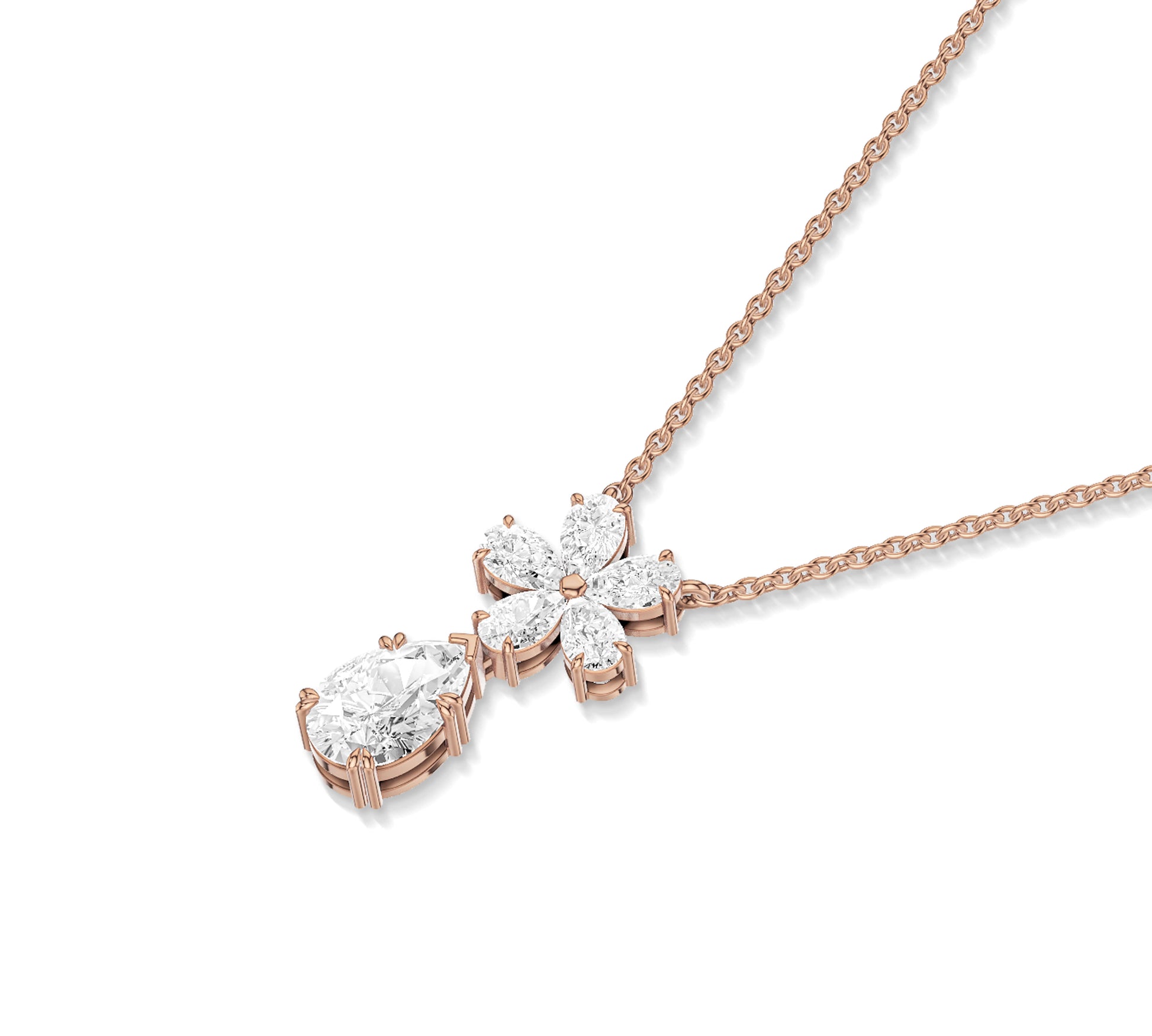 Petal shaped diamonds forming floral pendant in gold