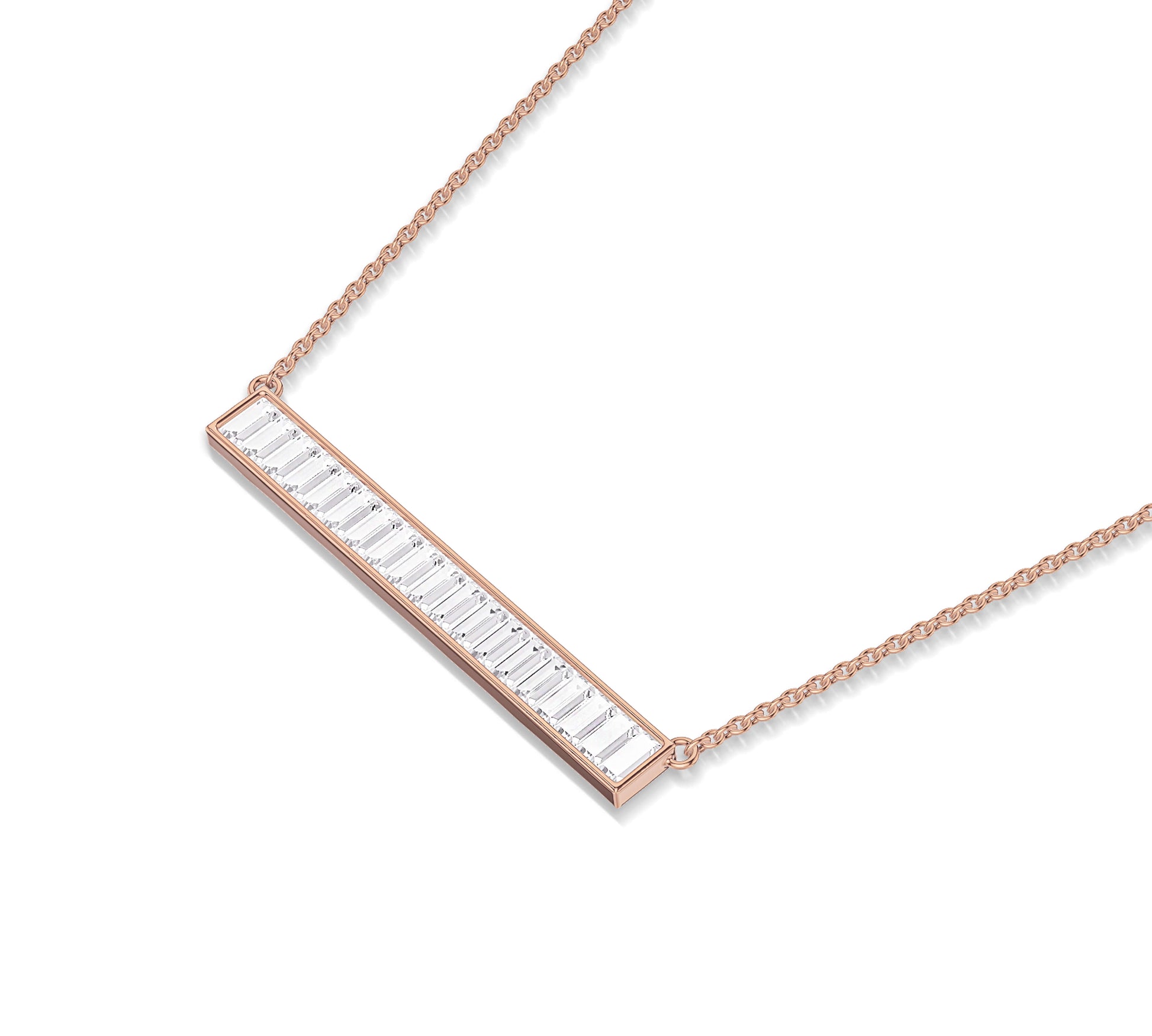 Channel set baguette diamond bar pendant in 14K gold