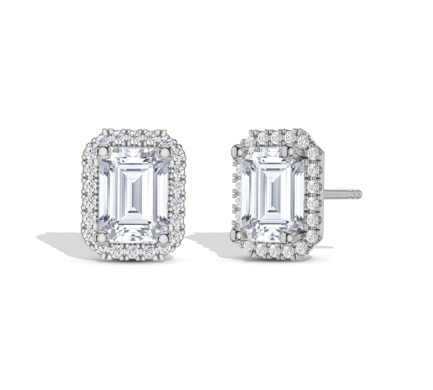 Rectangular diamond stud earrings with halo