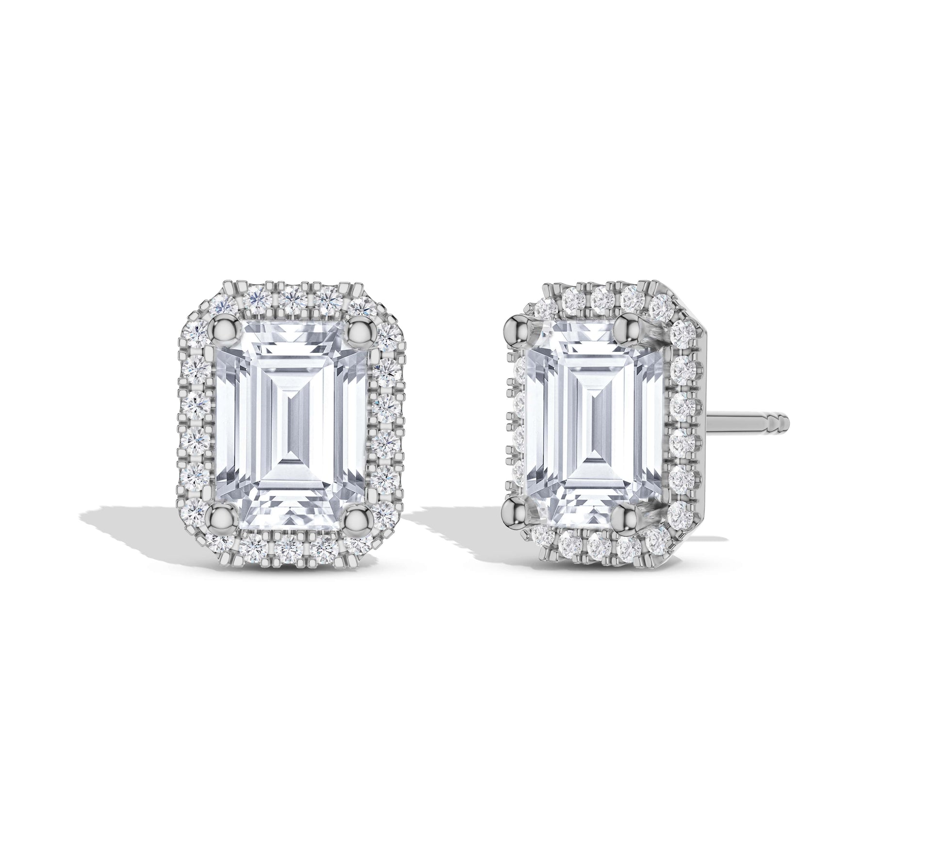 Rectangular diamond stud earrings with halo