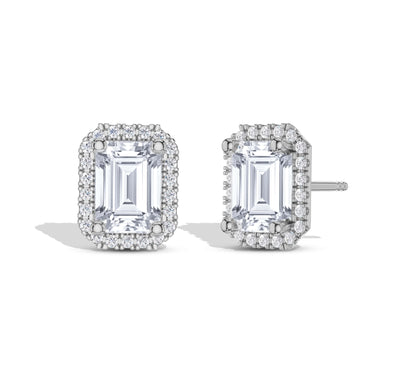 Rectangular diamond stud earrings with halo