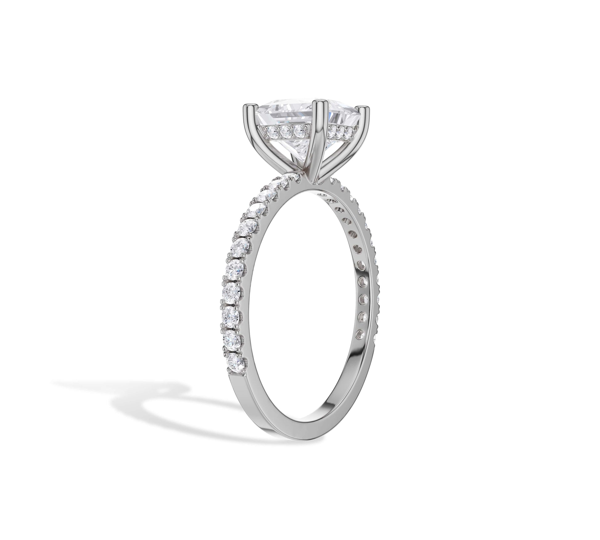 14K white gold princess solitaire with shimmering pavé