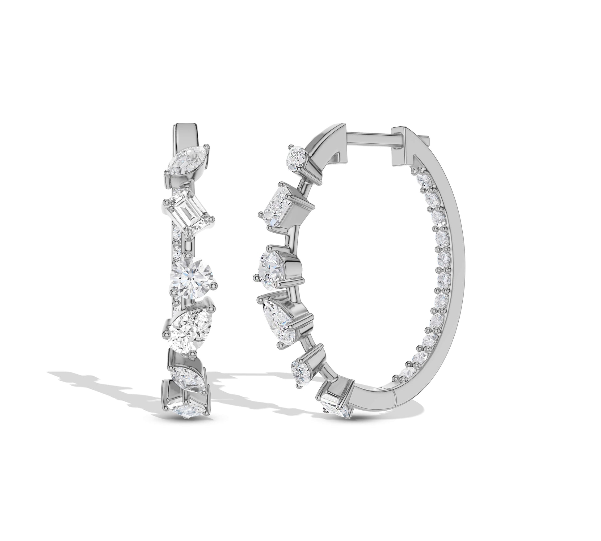 Mixed cut diamonds on large white gold hoops