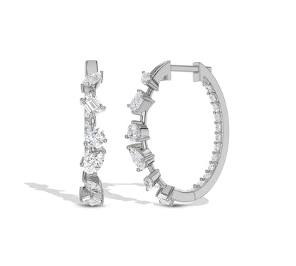 Mixed cut diamonds on large white gold hoops