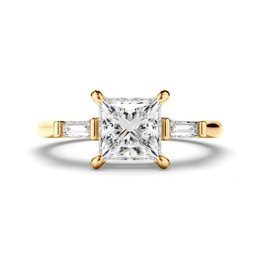 Princess Cut Diamond Trilogy Engagement Ring with Baguette Sides