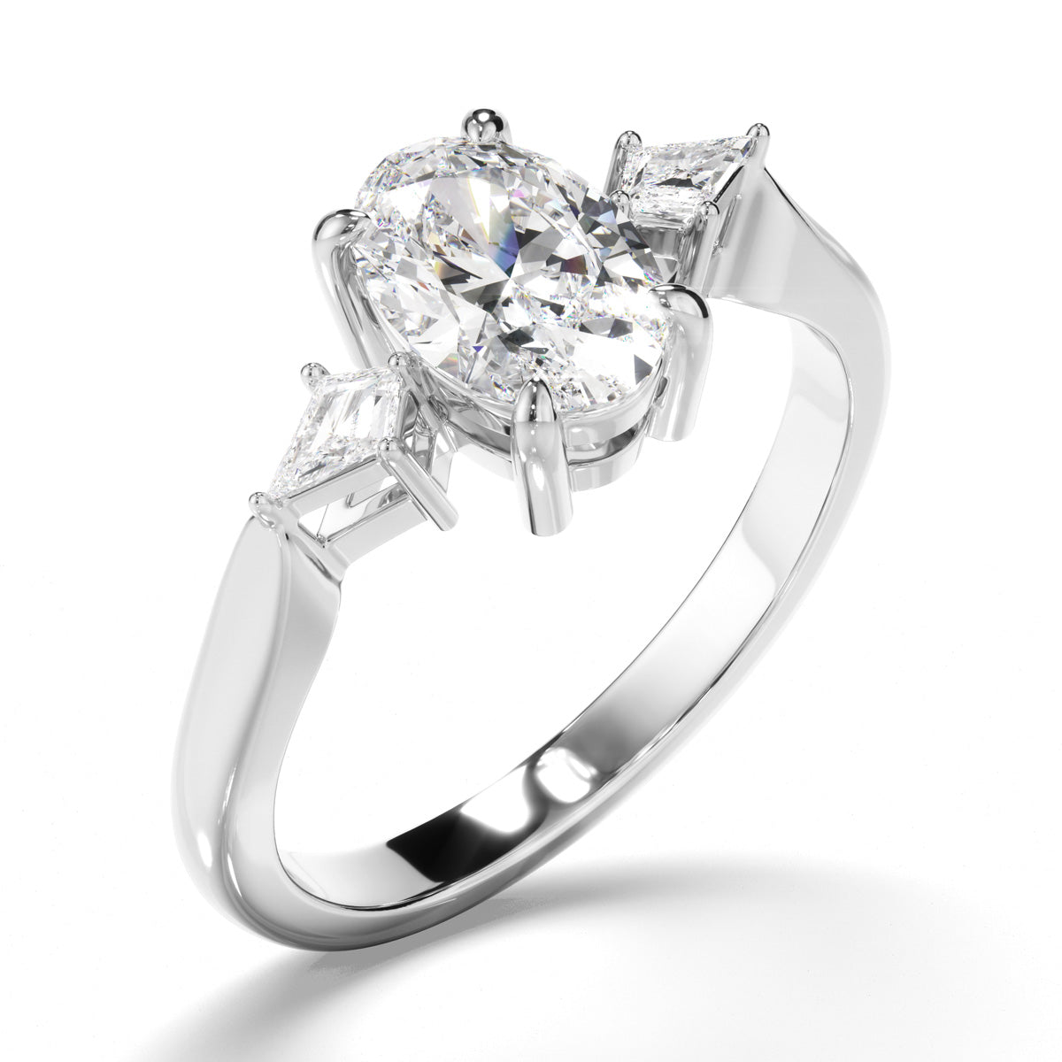 Oval Cut Diamond Trilogy Engagement Ring with Kite Diamond