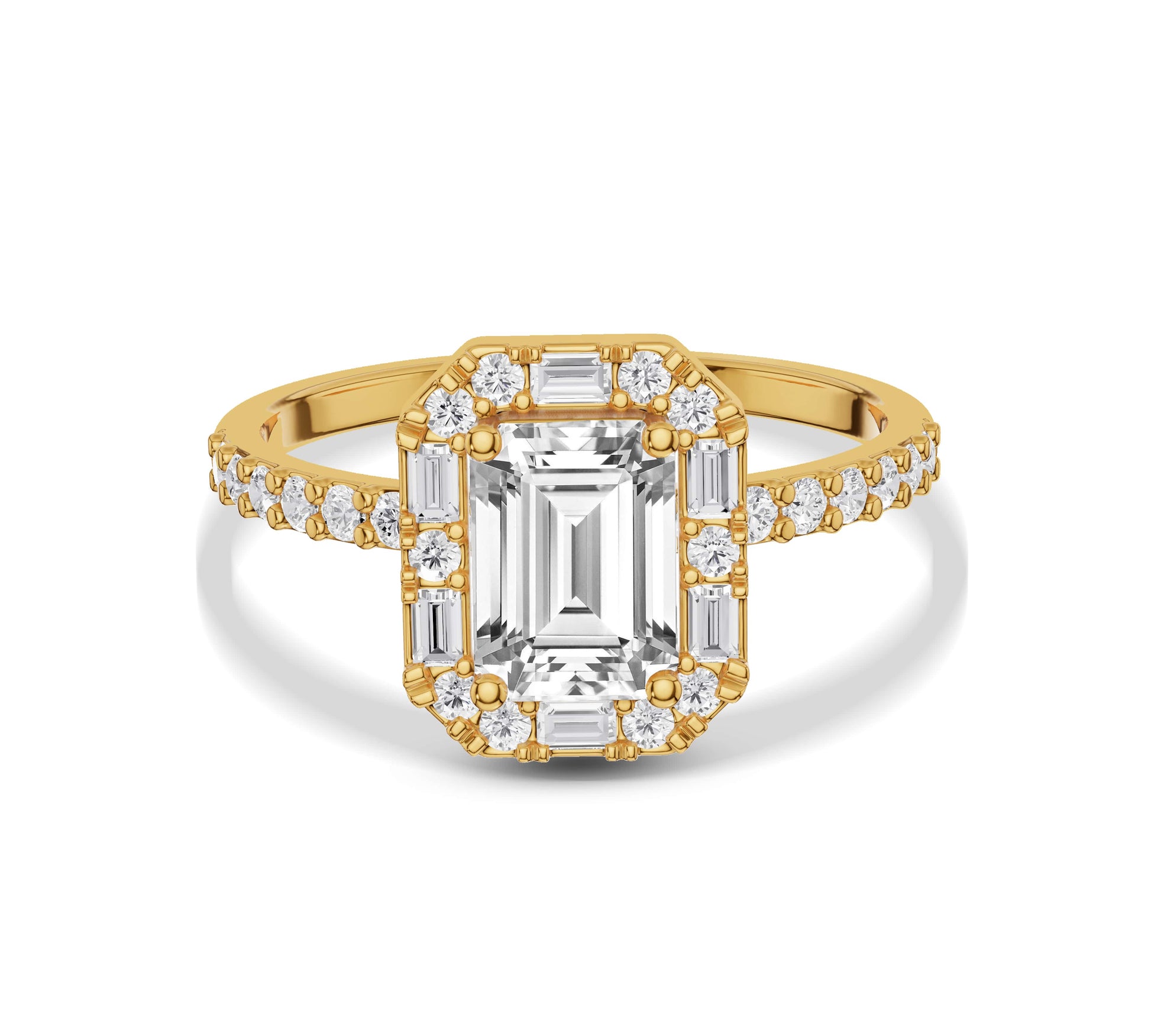 Emerald-cut diamond halo ring in 14k yellow gold