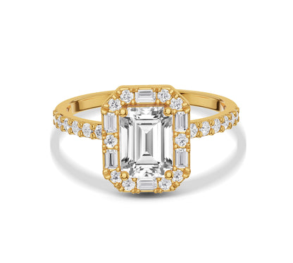 Emerald-cut diamond halo ring in 14k yellow gold