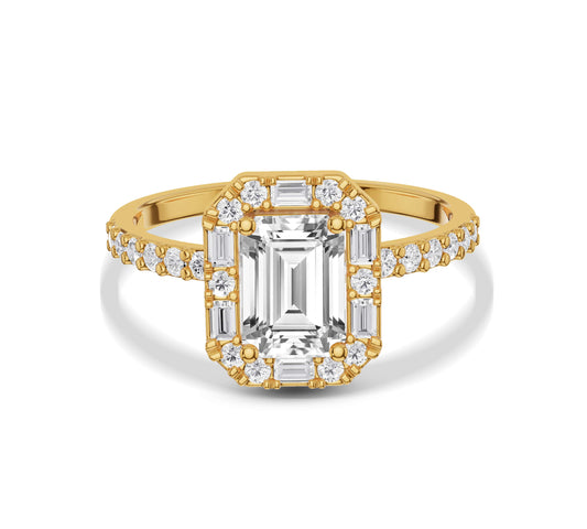 Emerald-cut diamond halo ring in 14k yellow gold
