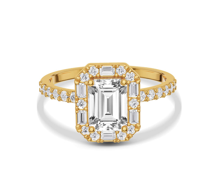 Emerald-Cut Halo Engagement Ring in Yellow Gold