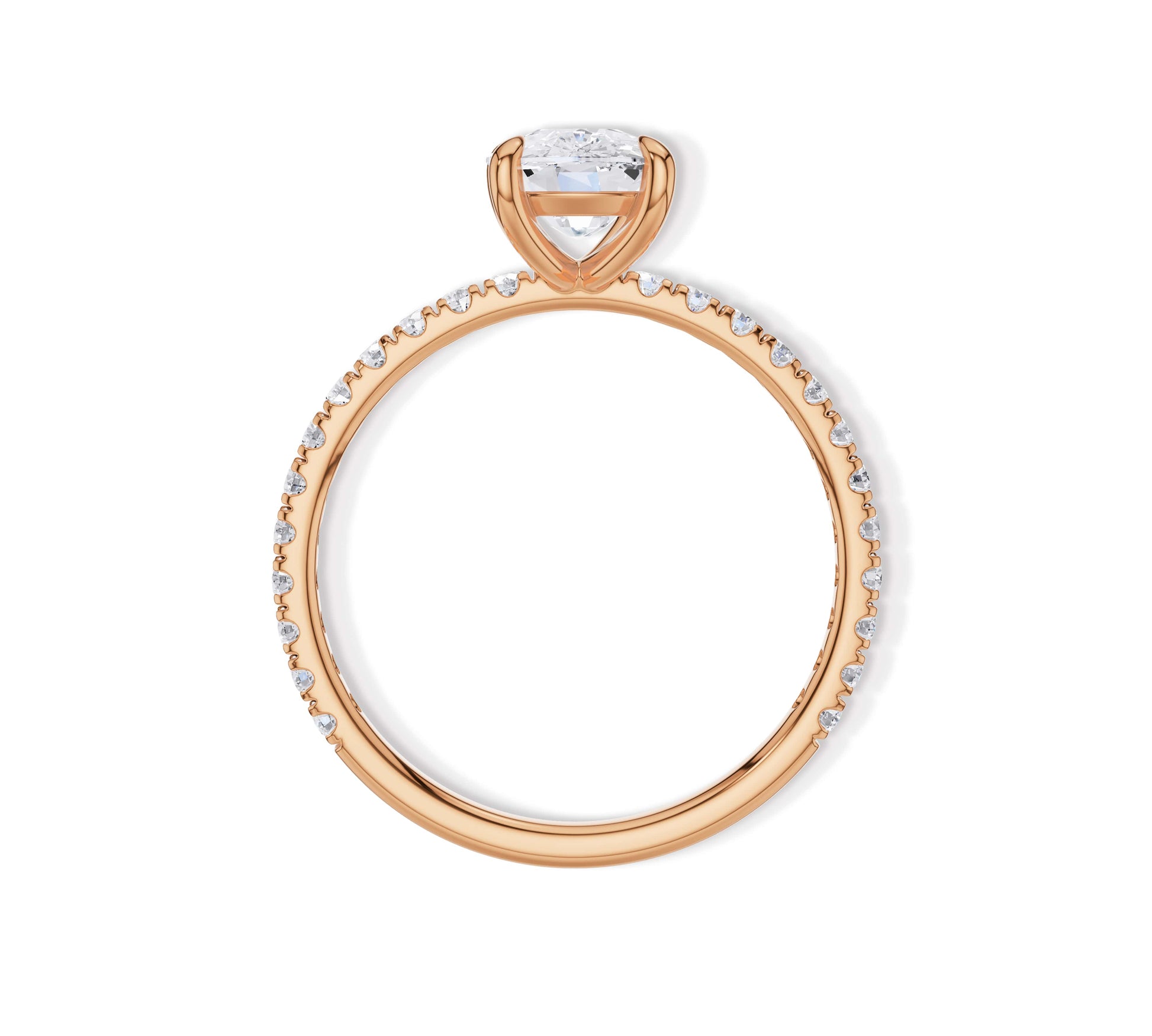 Pavé band rose gold ring with cushion shaped moissanite