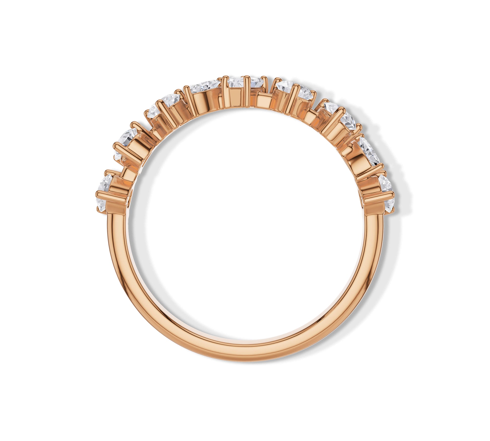 Rose gold band with assorted moissanite shapes in a unique staggered setting