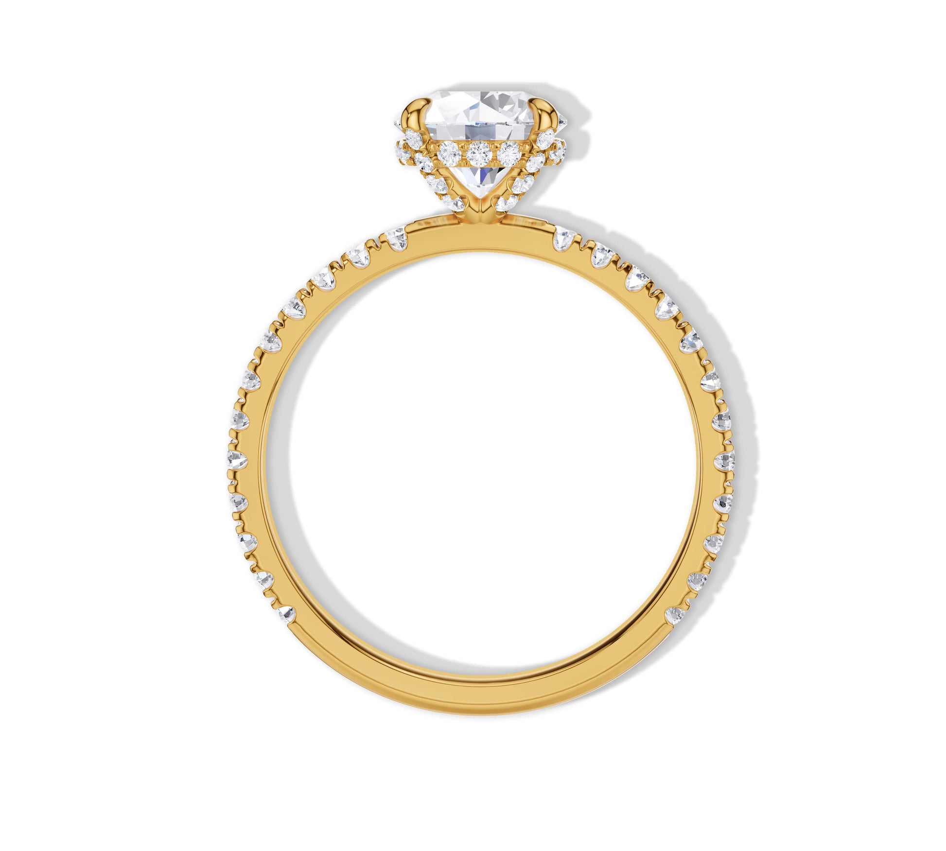 Yellow gold solitaire ring with diamond-encrusted basket