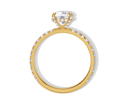 Yellow gold solitaire ring with diamond-encrusted basket