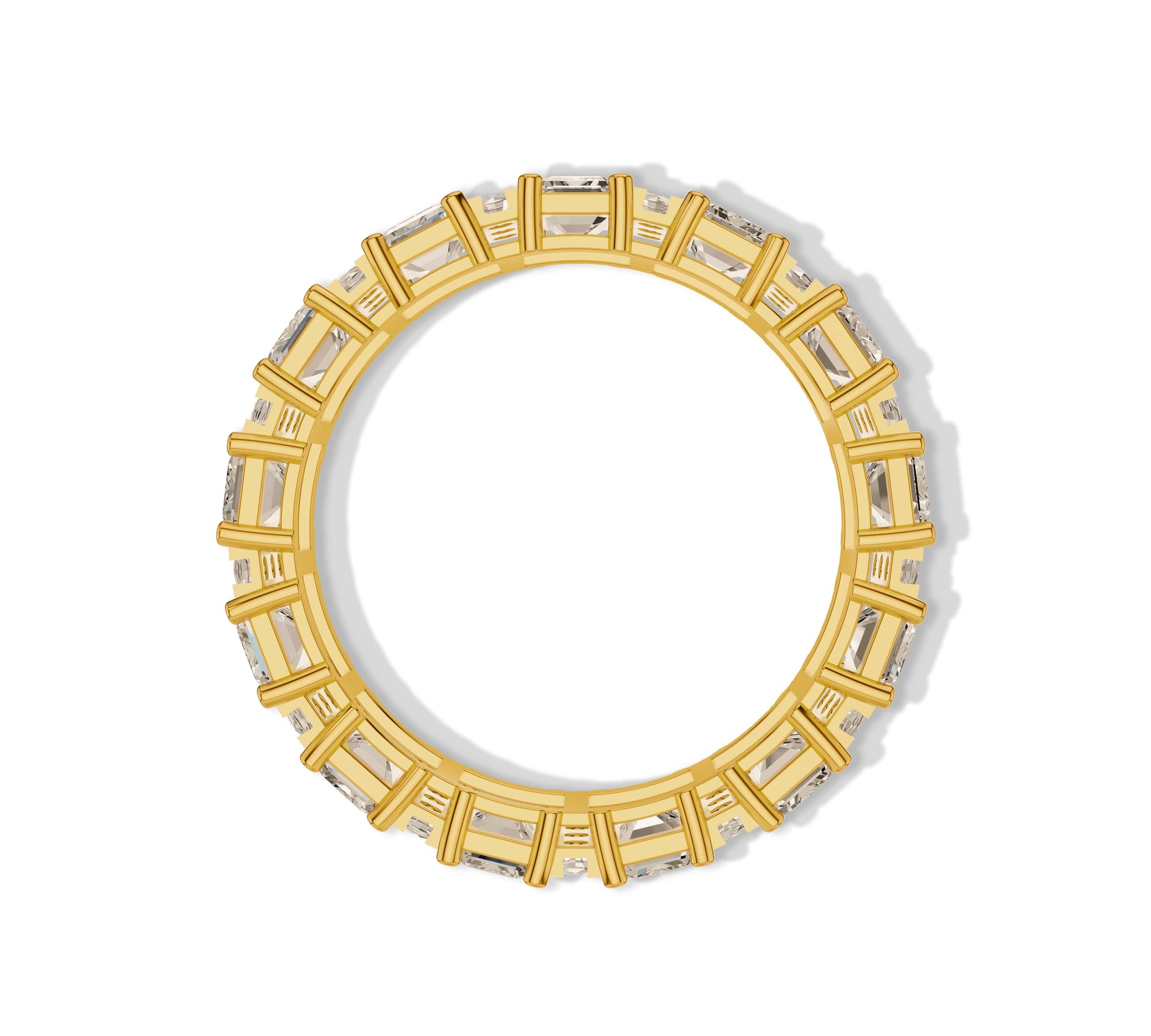 Elegant gold band with continuous emerald-cut diamonds surrounded by round accents