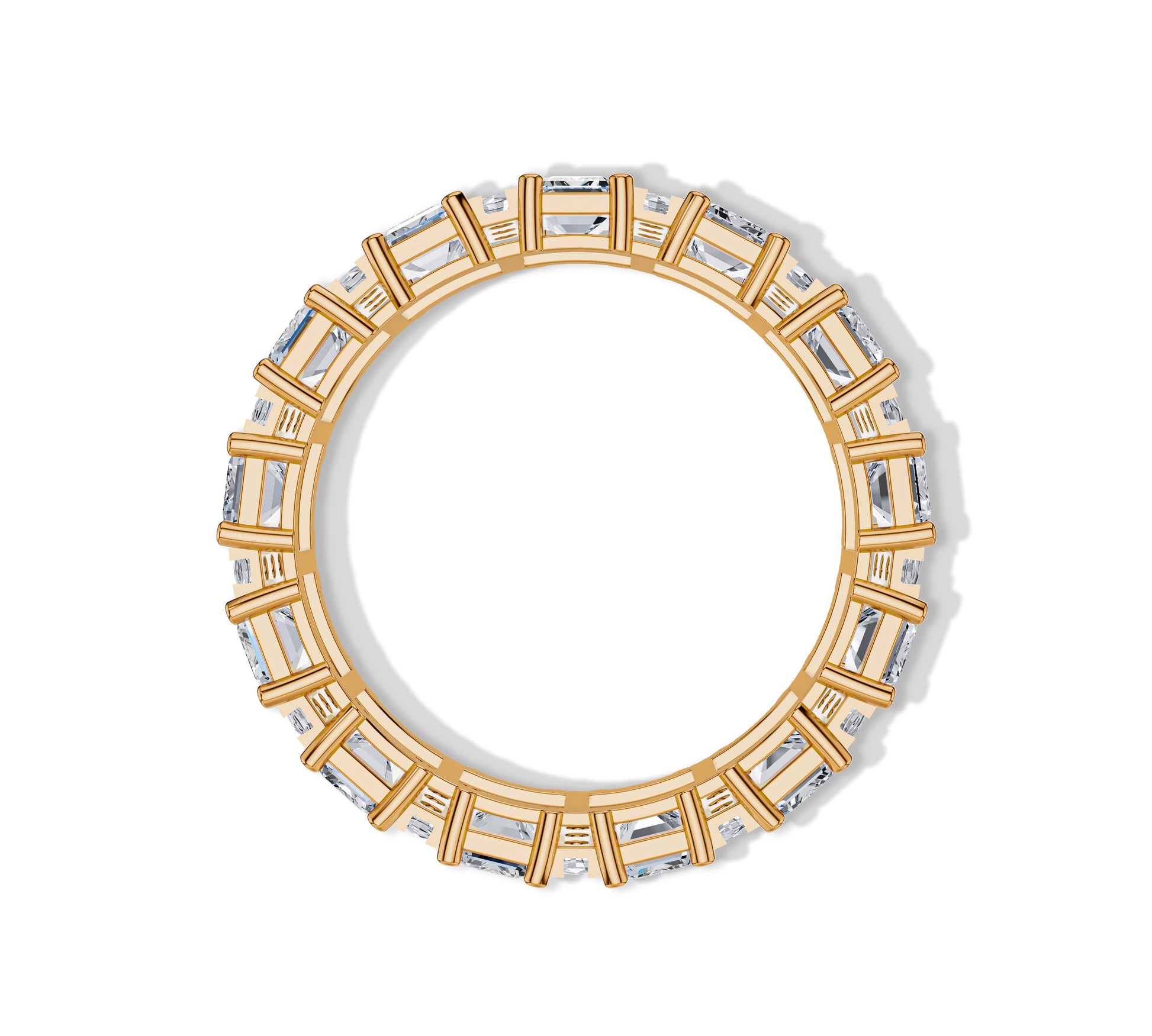 Close-up view of a dazzling diamond eternity ring in yellow gold
