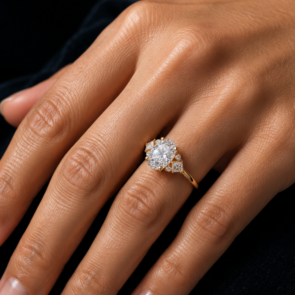 Oval diamond ring with accent stones in yellow gold featuring an oval center stone with side diamonds, available in moissanite or lab-grown diamond, engagement ring by Frigus Jewelry.