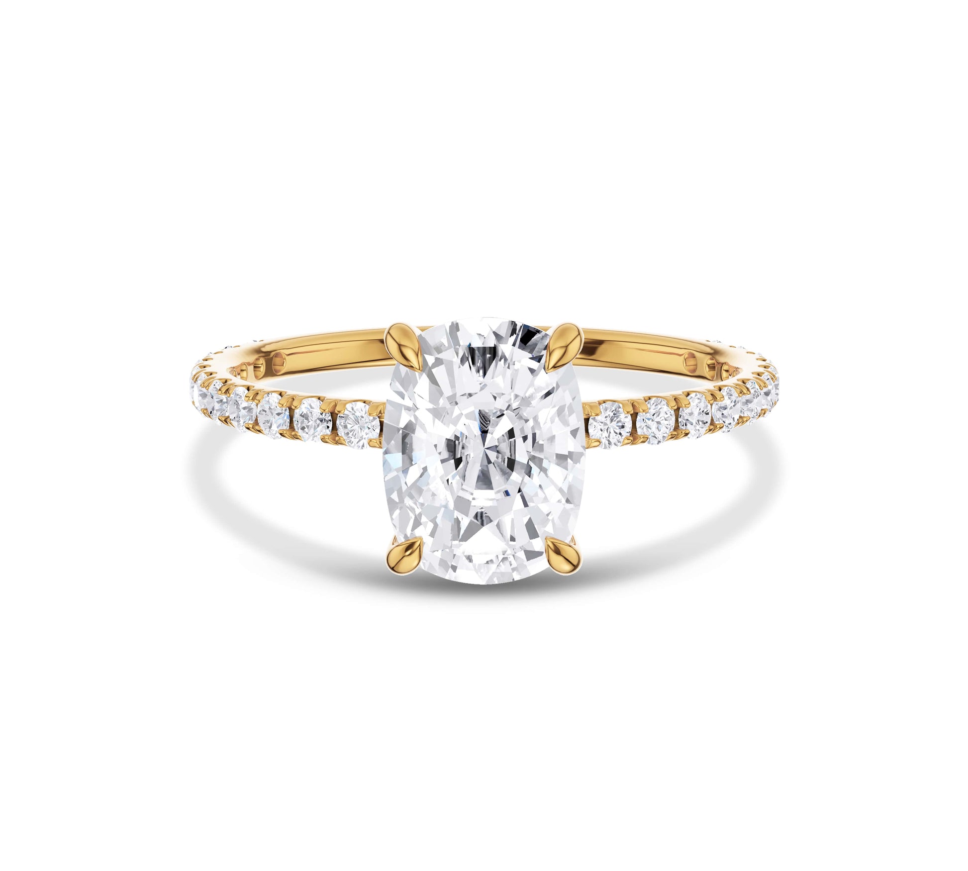 Yellow gold cushion cut moissanite engagement ring with pavé diamonds