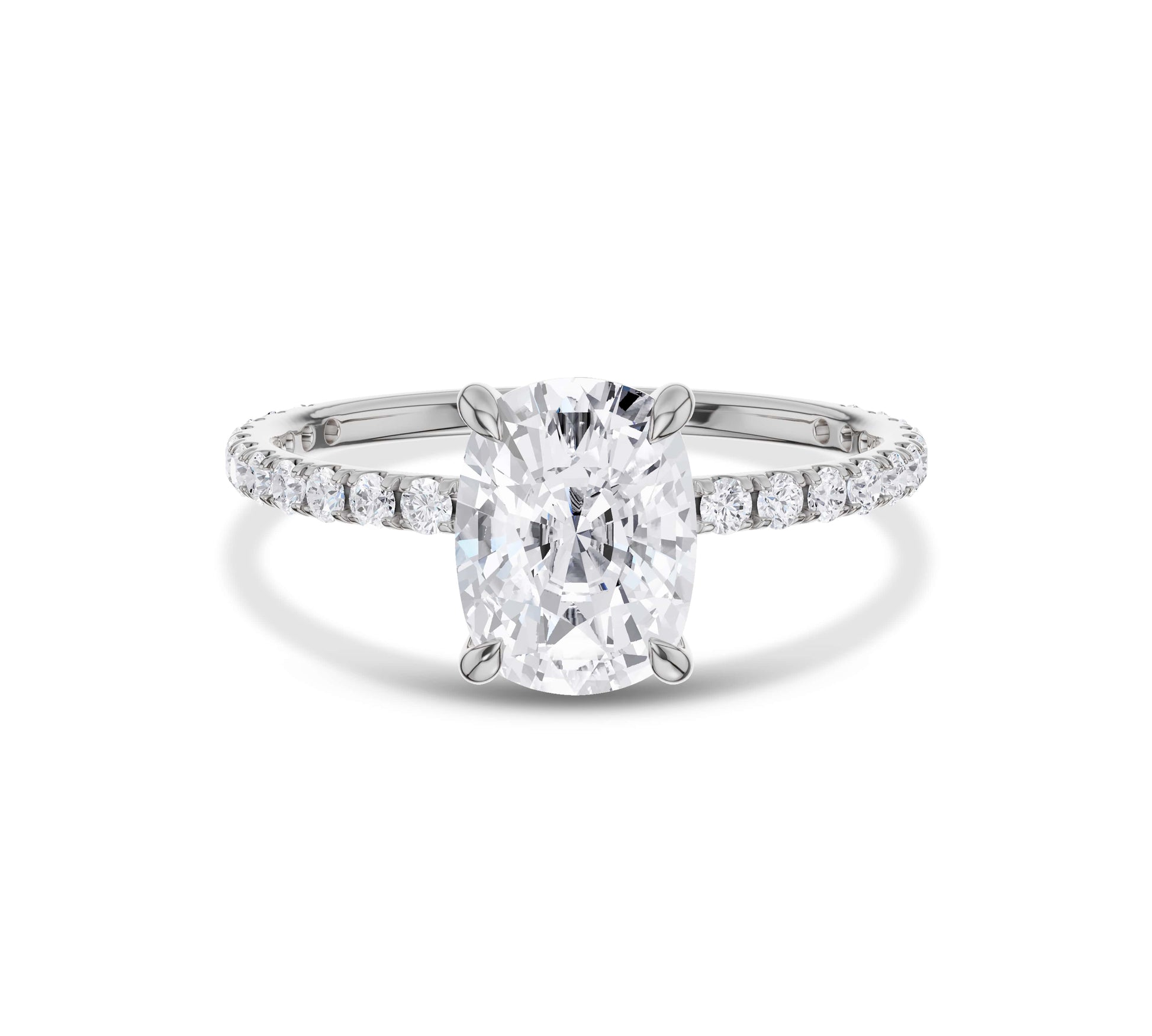 White gold pavé cushion cut moissanite engagement ring