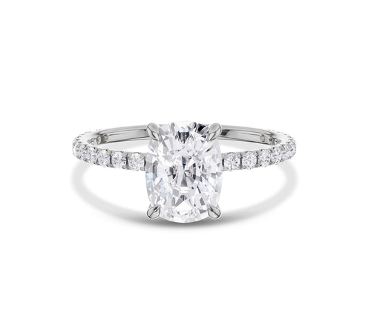 White gold pavÃ© cushion cut moissanite engagement ring