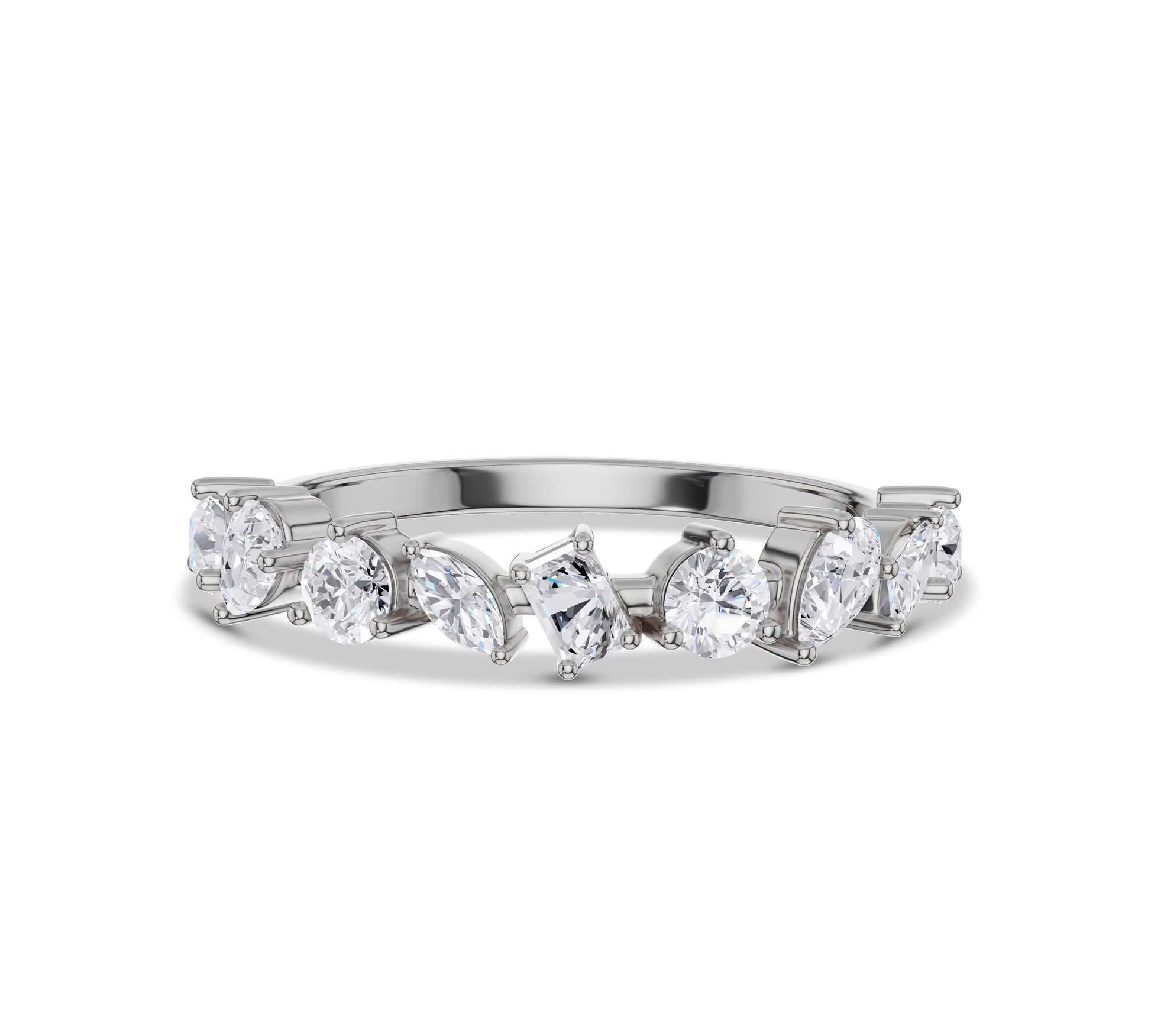 White gold bar ring with multiple shaped lab created diamonds