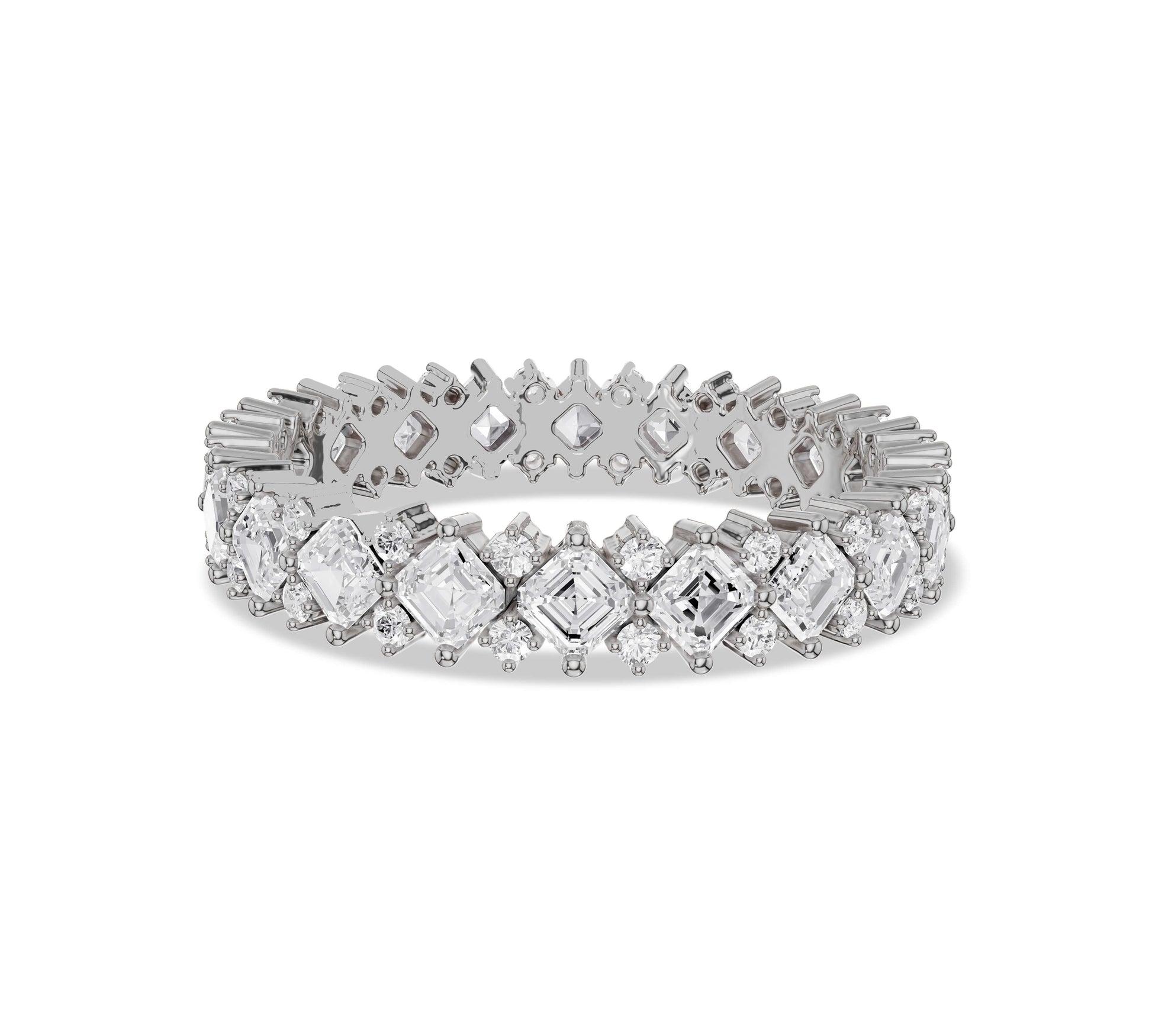 Close-up of Asscher diamond eternity band
