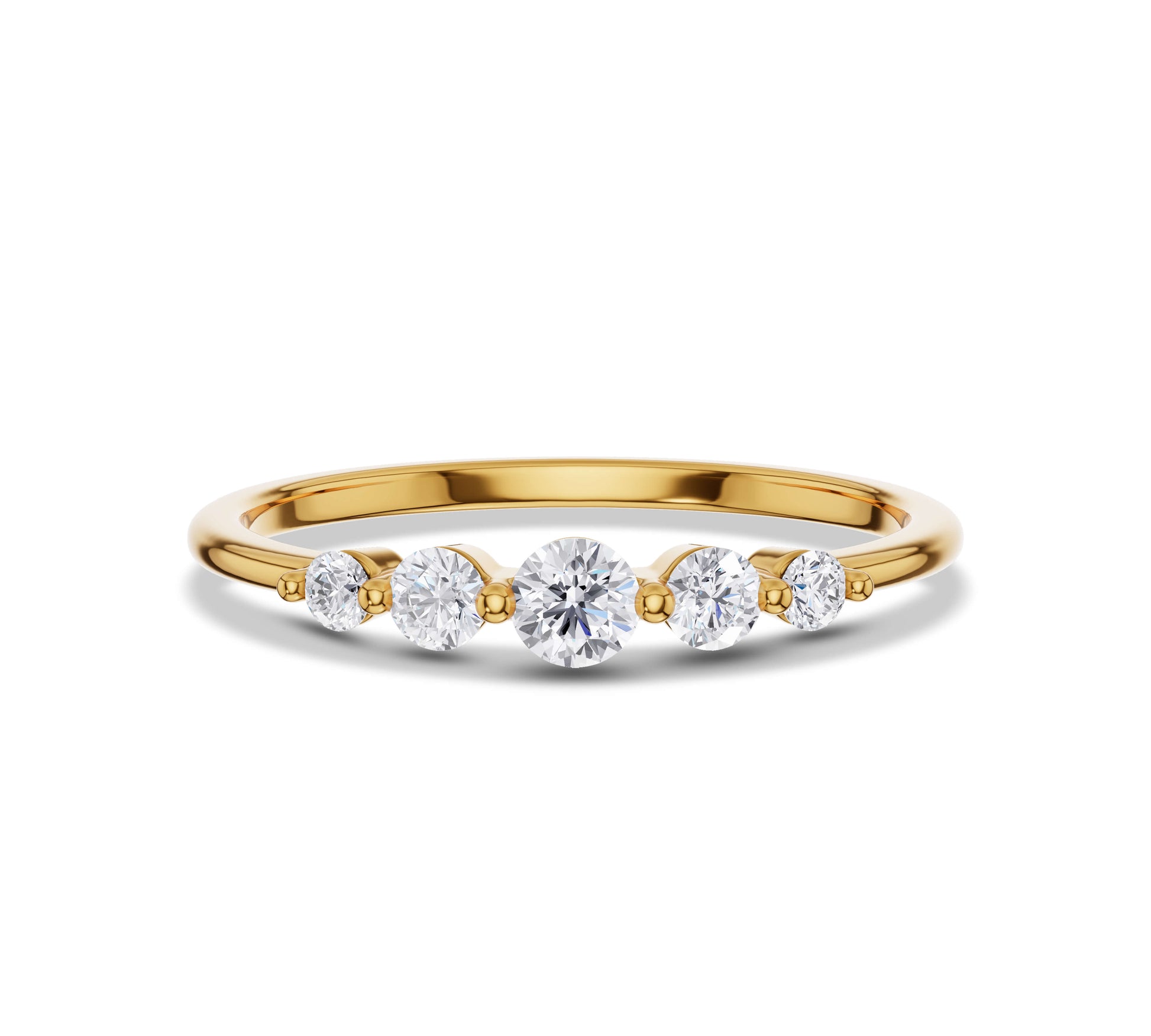Five round diamond band ring in yellow gold with graduated sizes