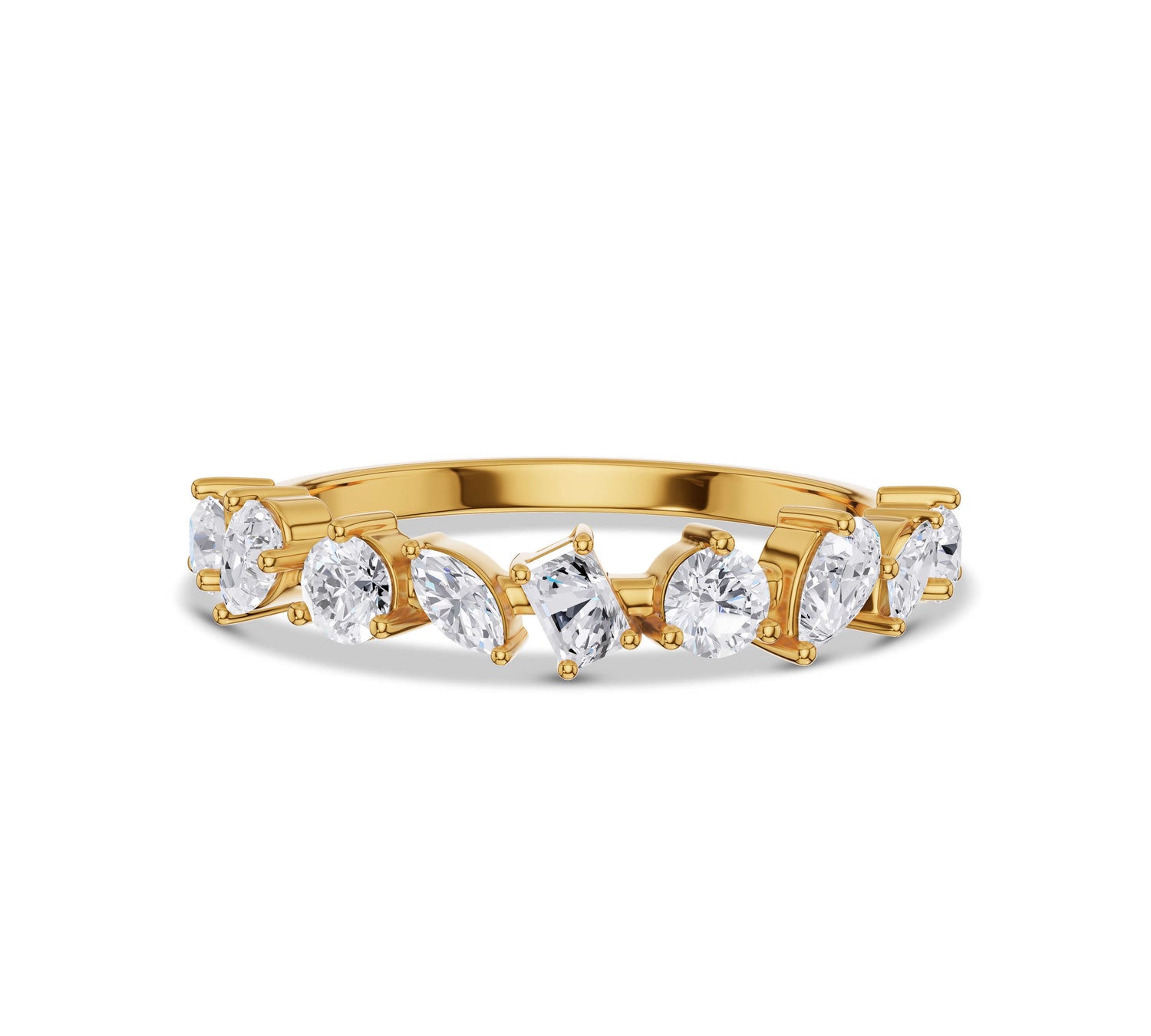 Multi shape diamond band ring in yellow gold with marquise, oval, and round lab diamonds