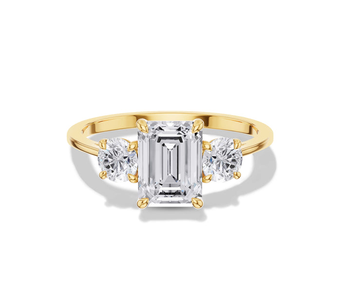 Emerald and Round Cut Three Stone Engagement Ring