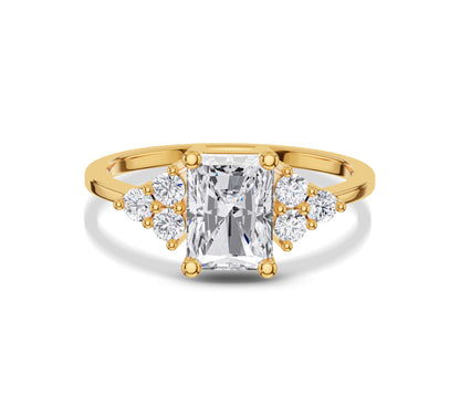Radiant cut cluster side diamond ring in yellow gold