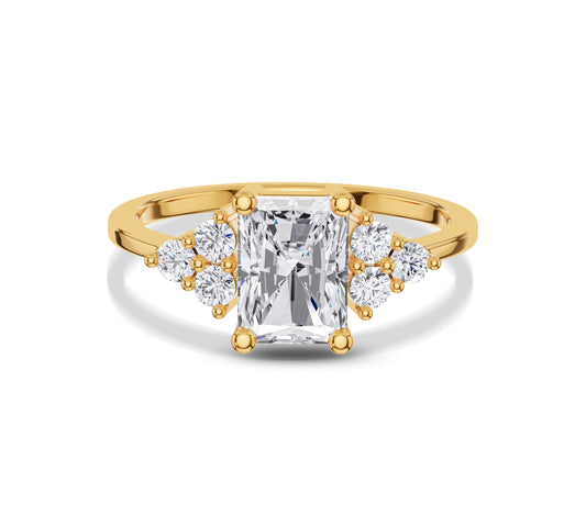 Radiant cut cluster side diamond ring in yellow gold