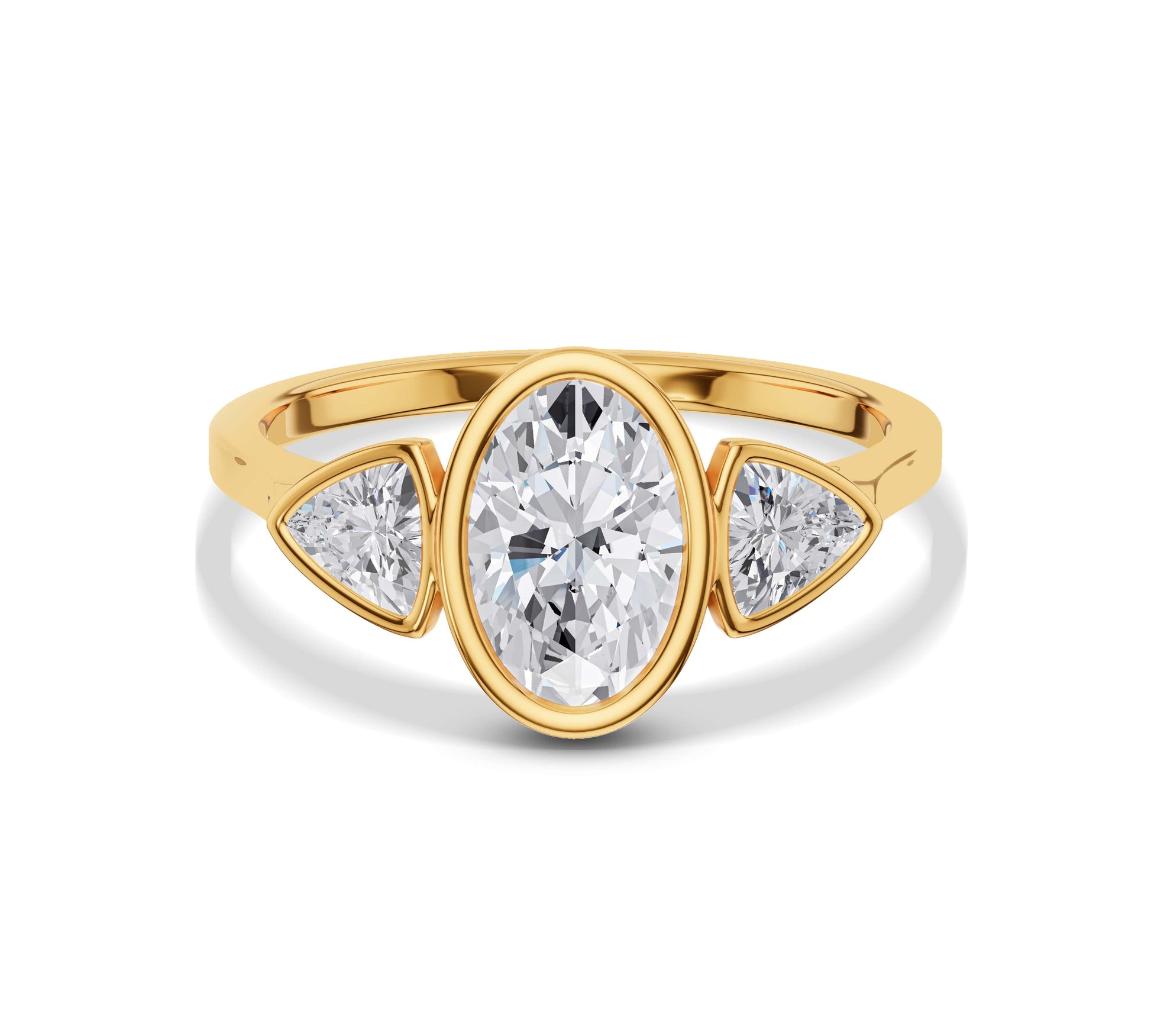 Oval diamond ring with trillion stones in yellow gold