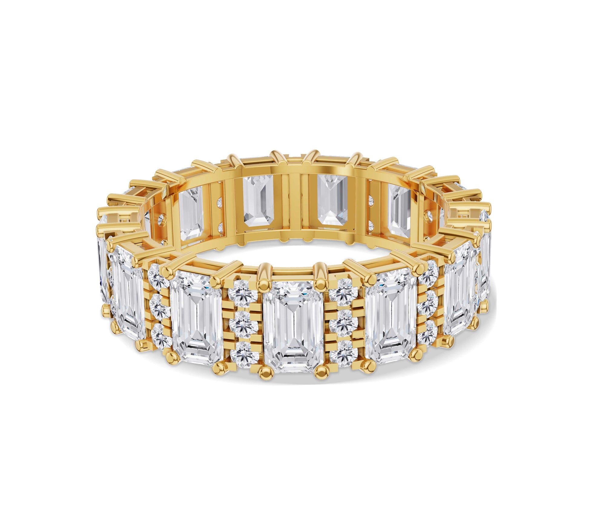 uxurious 18K yellow gold eternity band with emerald-cut and round diamonds
