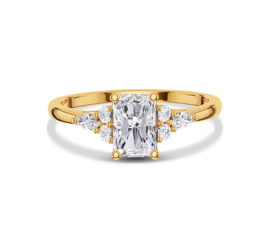 Radiant diamond ring with yellow gold cluster side