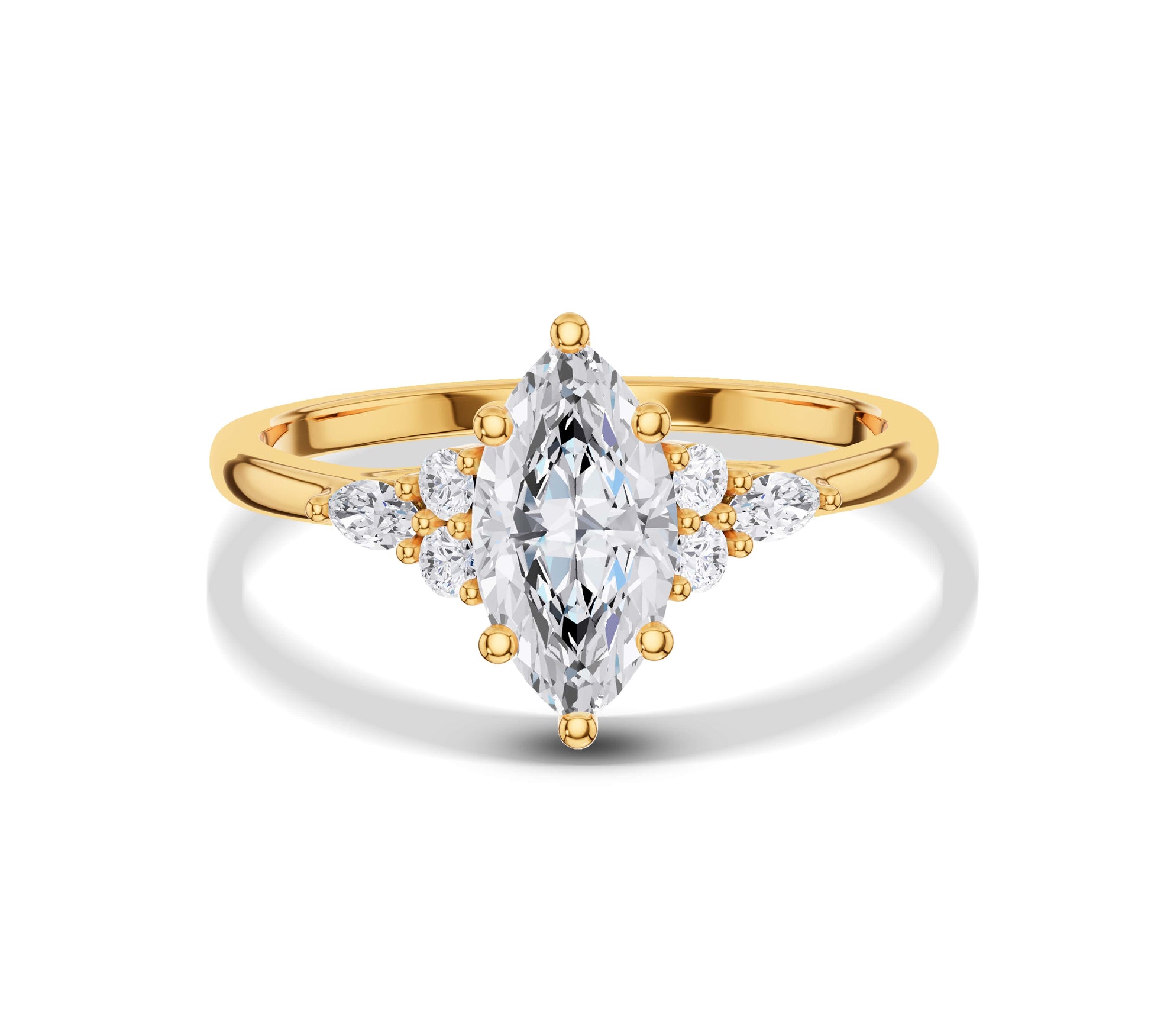 Marquise diamond ring with clusters in yellow gold