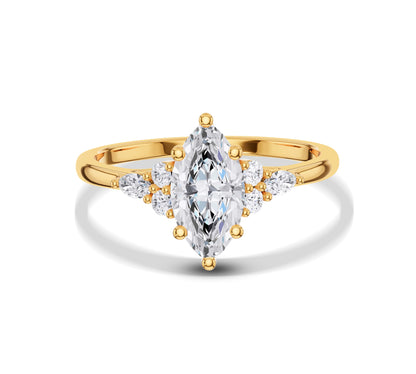 Marquise diamond ring with clusters in yellow gold