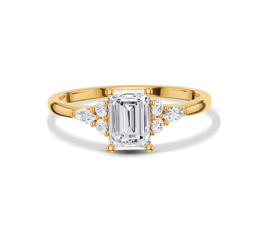 Emerald cut diamond ring in yellow gold with pavé band