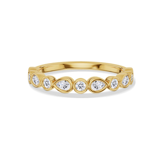 Yellow gold eternity band with bezel set pear and round diamonds