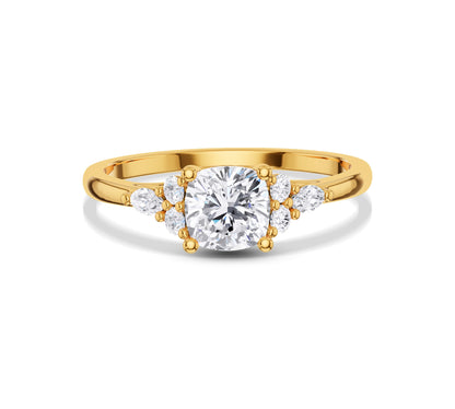 Cushion cut engagement ring with side cluster diamonds