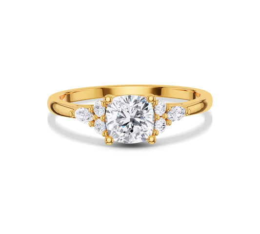 Cushion cut engagement ring with side cluster diamonds