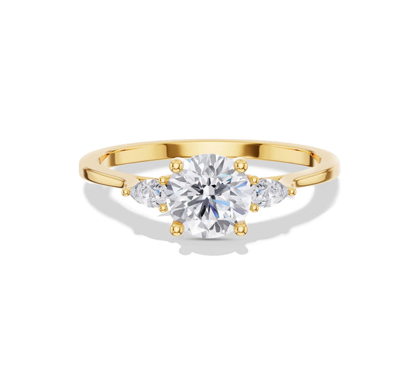 Round Diamond three stone Ring with Pear Side Stones