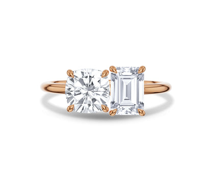 Cushion and emerald cut rose gold Toi et Moi diamond ring