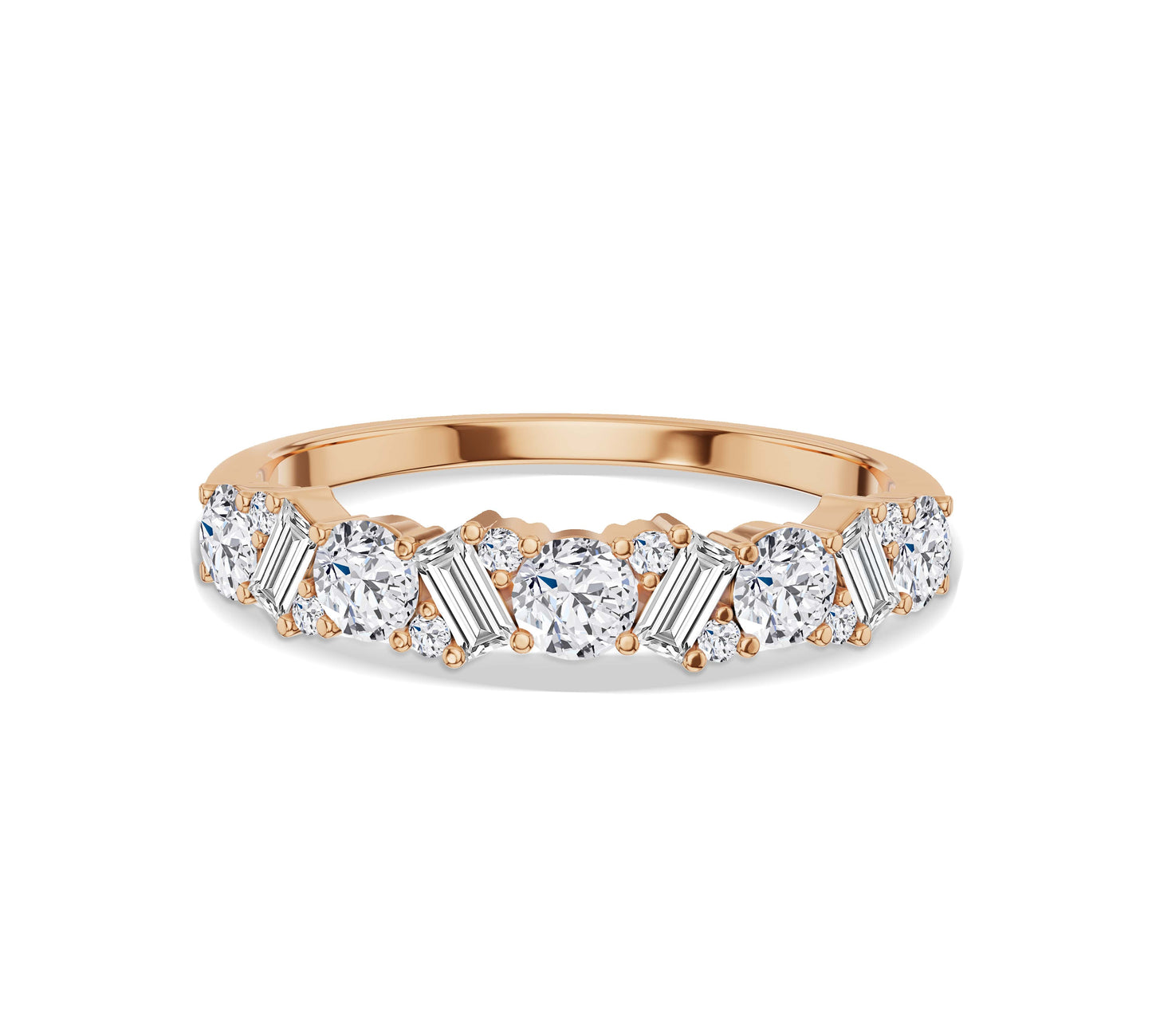 rose gold baguette and round diamond ring