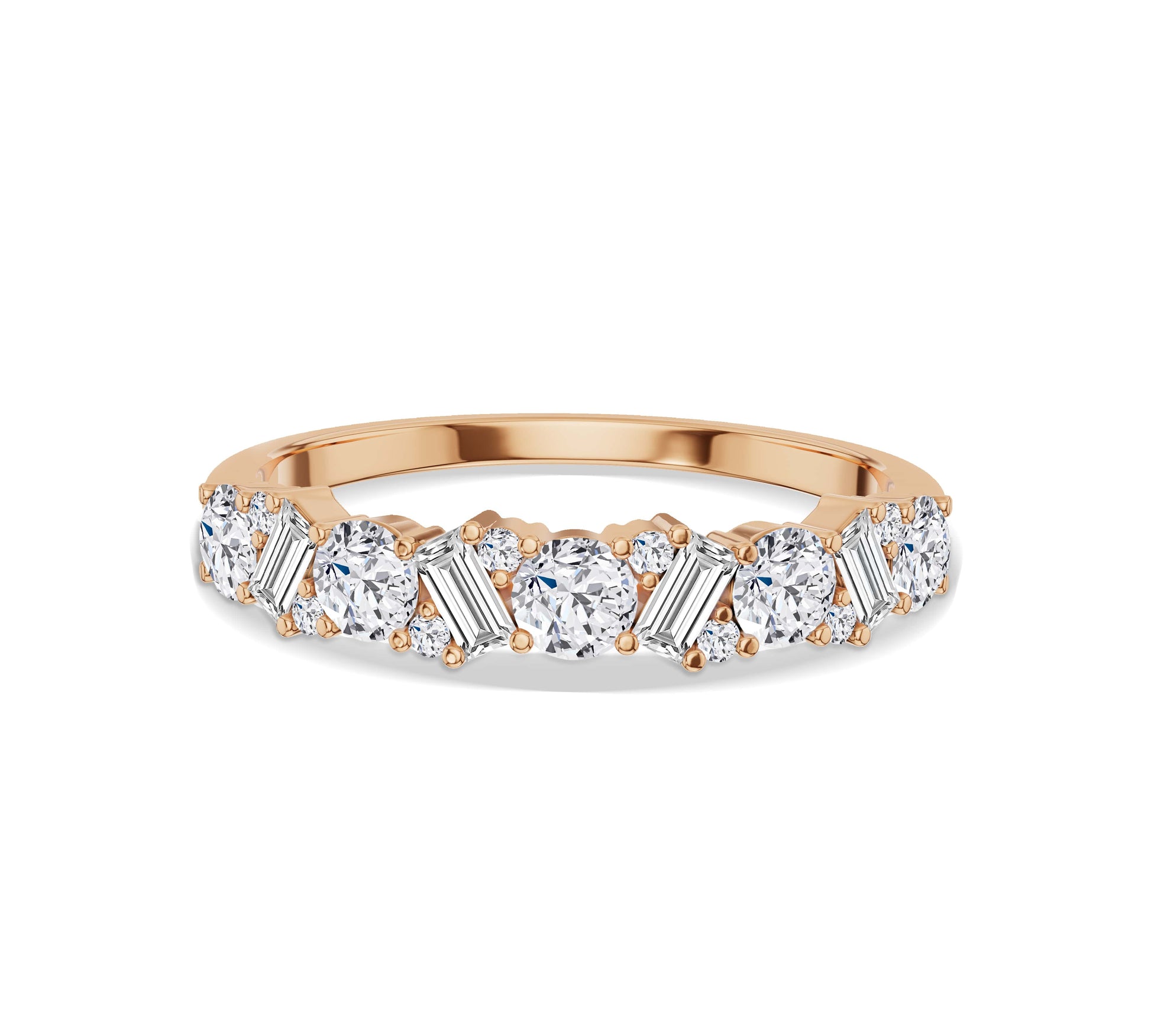 rose gold baguette and round diamond ring