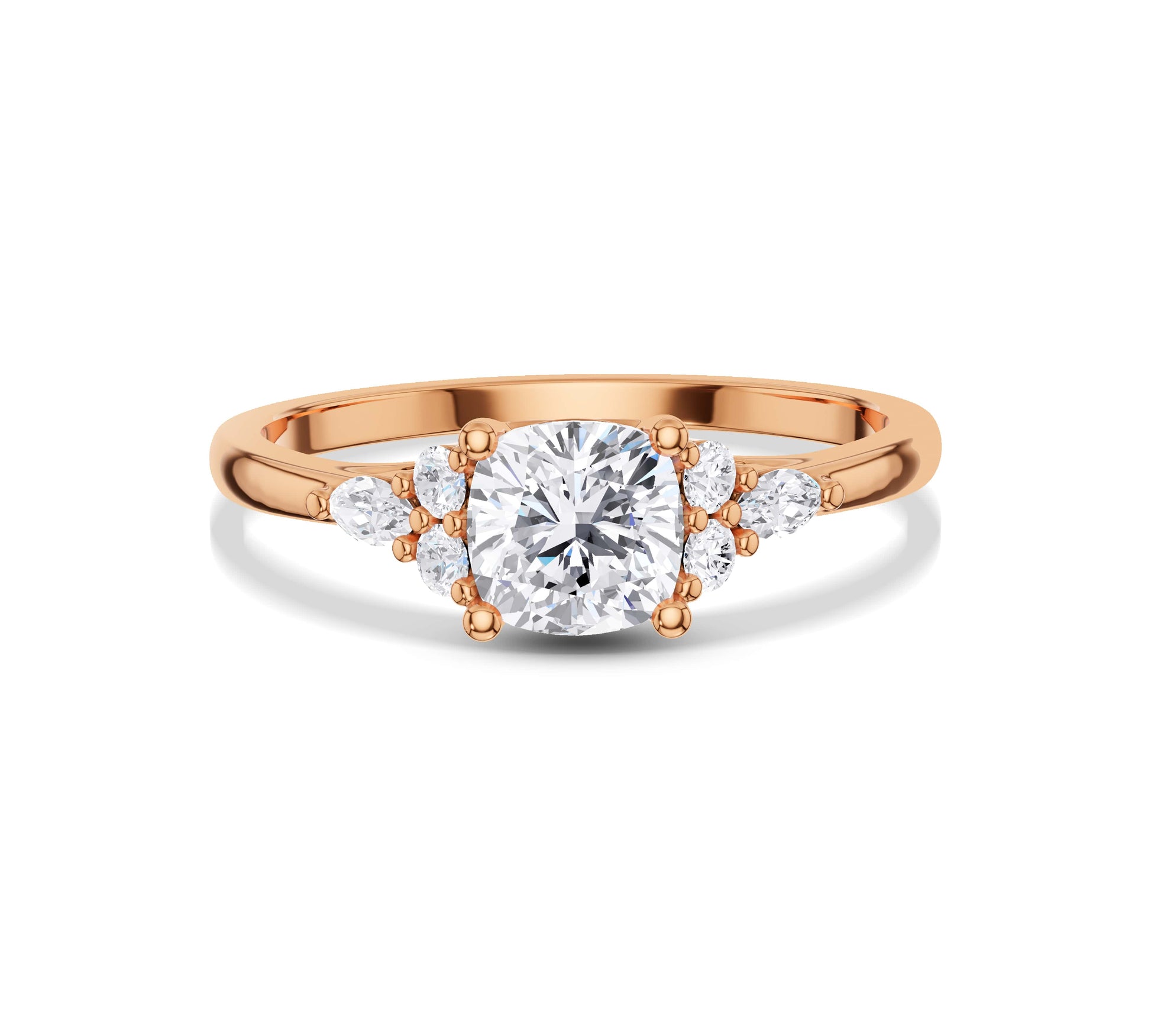 Soft square-cut diamond flanked by round brilliant accents
