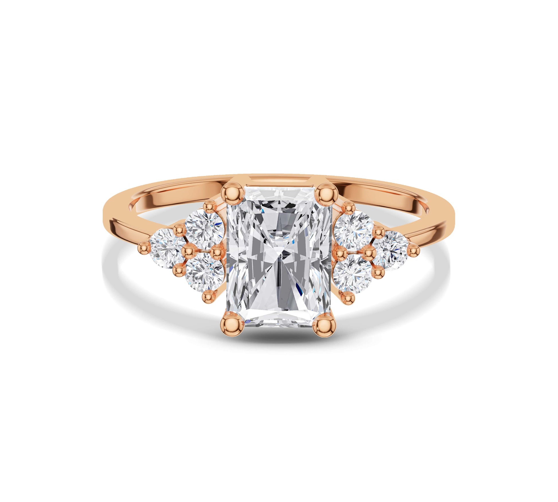 Rose gold radiant diamond ring with floral side design