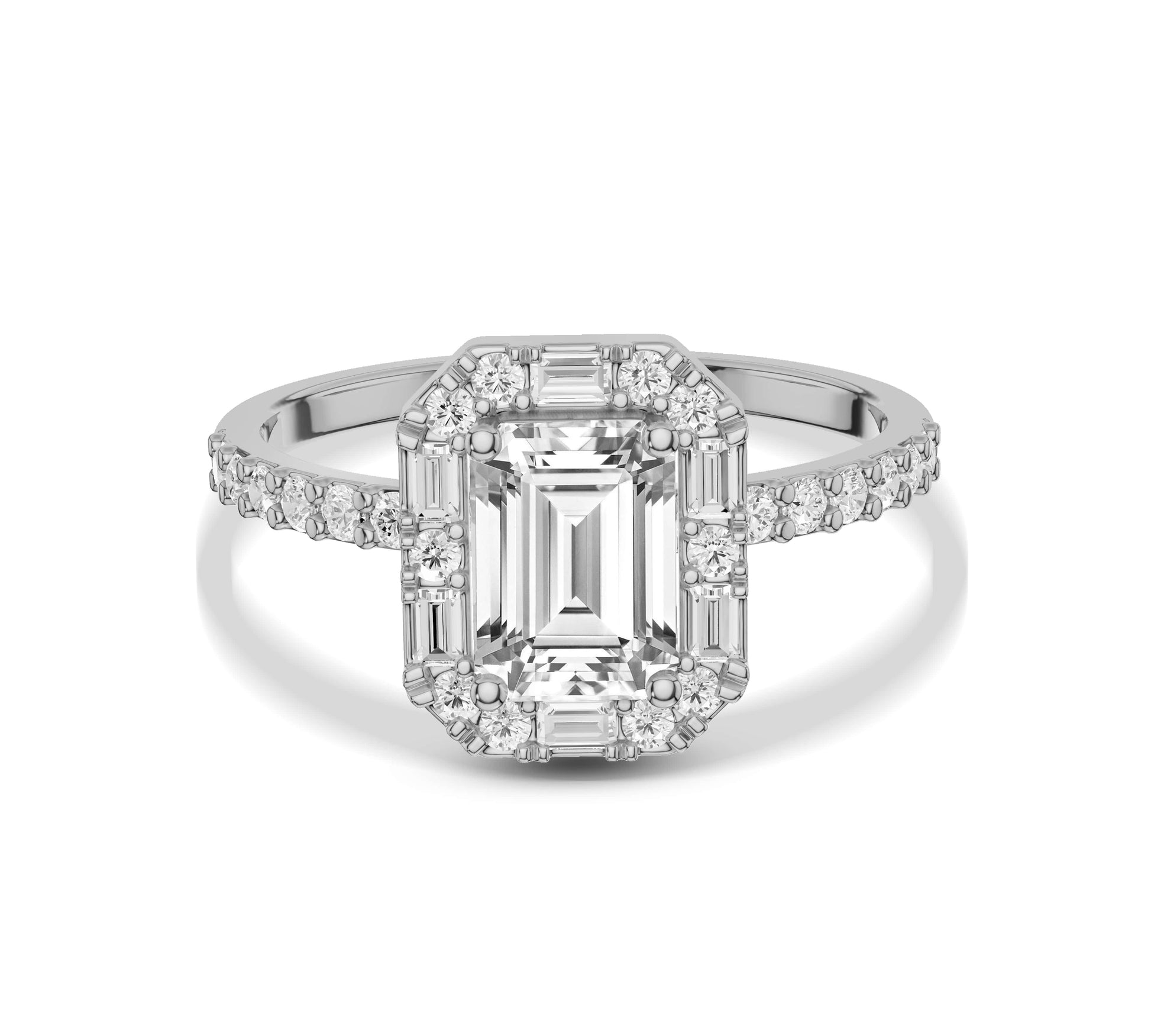 Side view of emerald-cut diamond ring with detailed halo