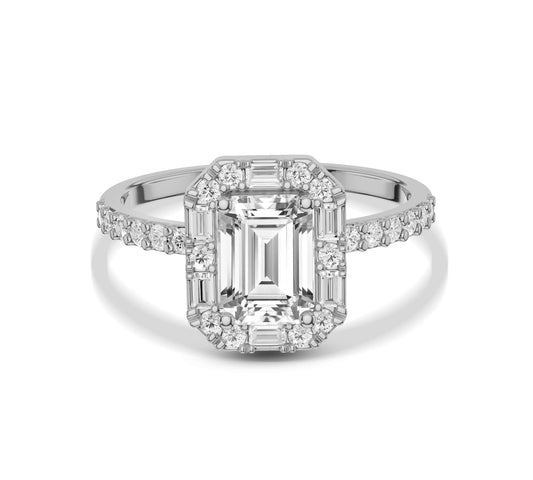 Side view of emerald-cut diamond ring with detailed halo